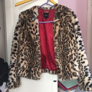Waist length faux fur leopard coat
